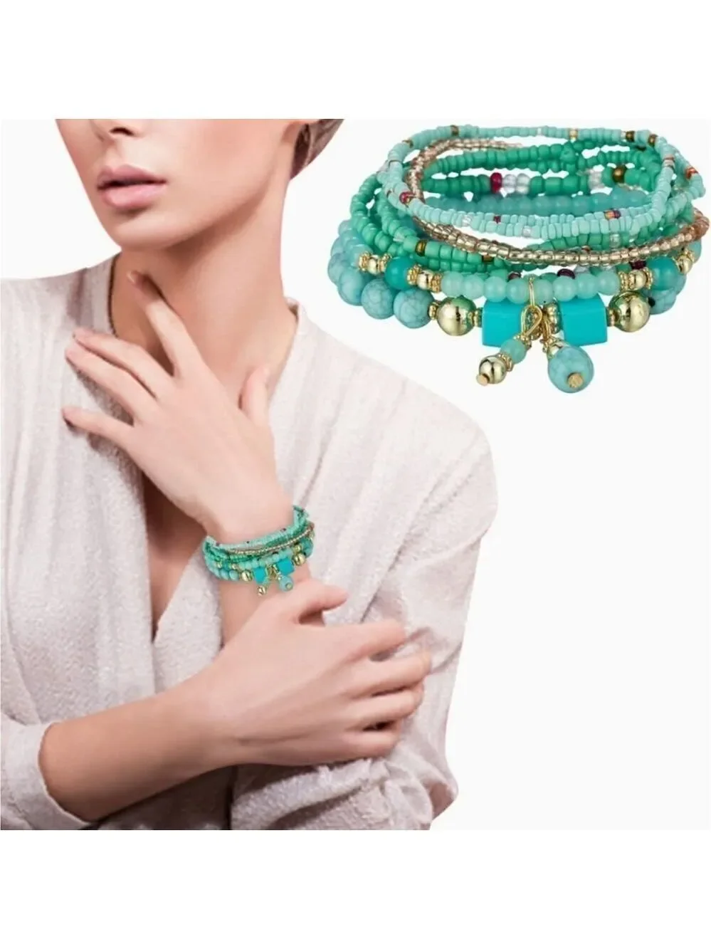 Stackable Bead Bracelets Ladies Stretch Multilayer Bracelet Set Turquois…